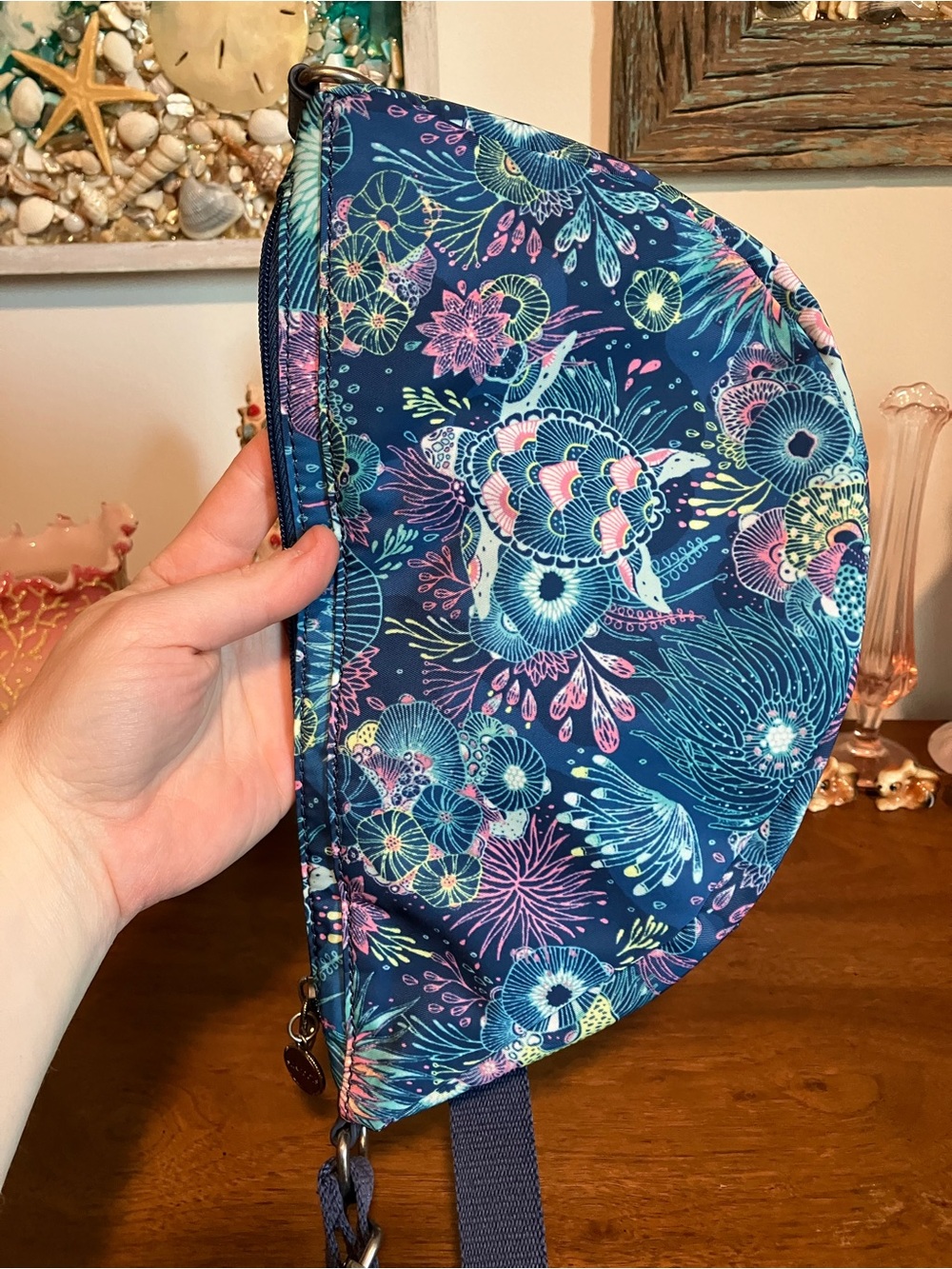 Sakroots Navy Tess Floral Turtle Crescent Crossbody with Multicolor Print - Picture 3 of 8